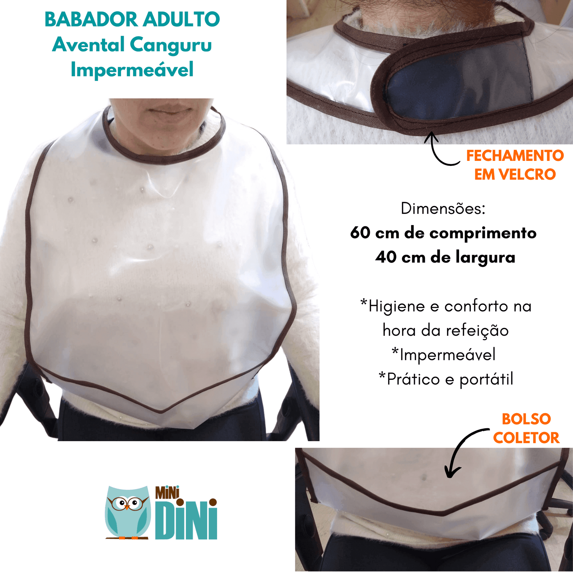 BABADOR/Babeiro Avental Canguru- Impermeável para Adultos - Minidini