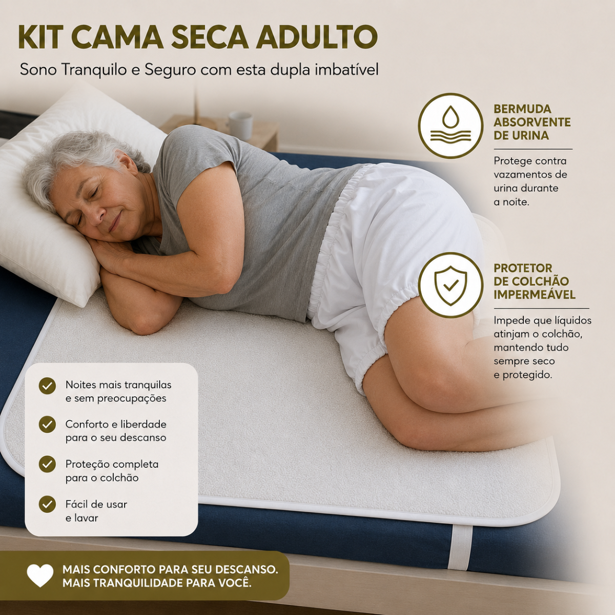 Kit Cama Seca Adulto - Proteção Completa (Protetor de Colchão Compacto + Bermuda Antivazamento)