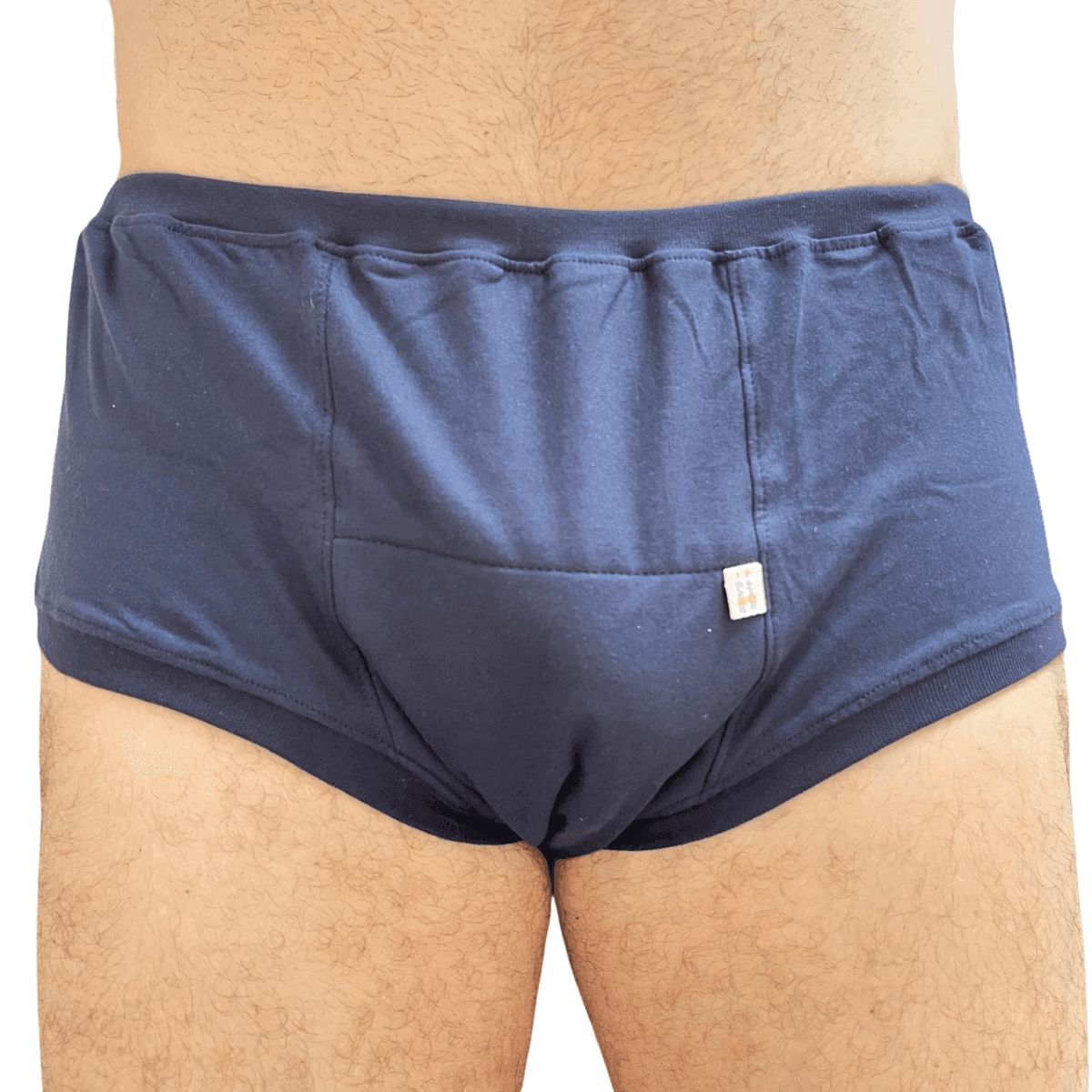 Roupa íntima absorvente adulta unissex na cor azul, com caimento discreto e confortável como uma cueca ou calcinha comum.
