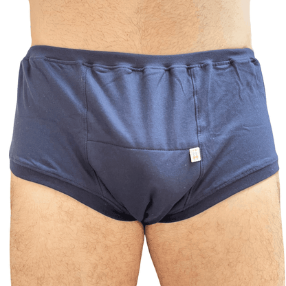 Roupa íntima absorvente adulta unissex na cor azul, com caimento discreto e confortável como uma cueca ou calcinha comum.