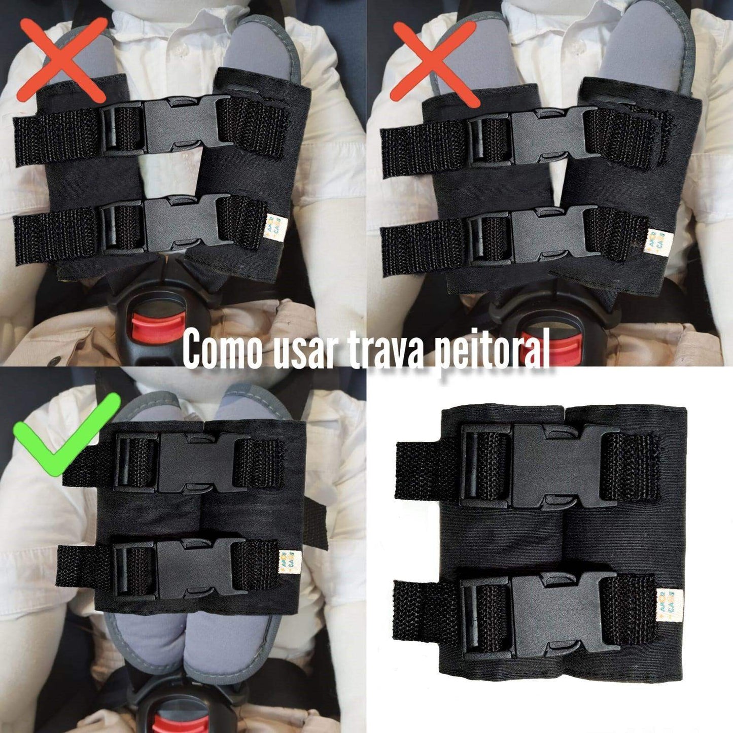 Detalhes em close do fecho central de alta resistência e encaixe rápido da trava peitoral TravaDini na cor preta.