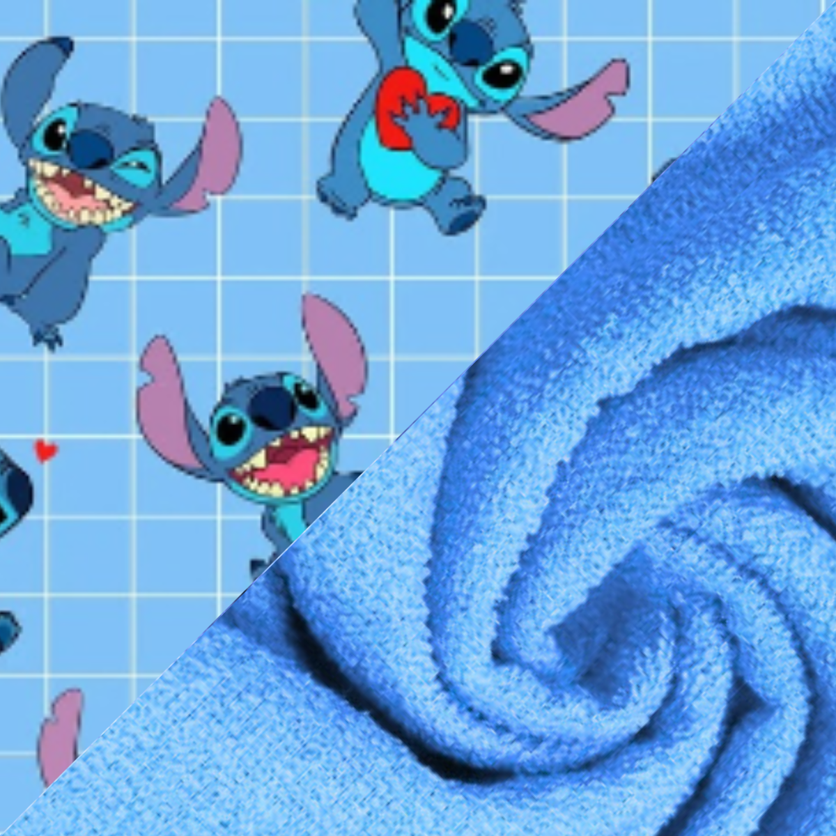 Detalhe da estampa  Stich e textura do tecido atoalhado premium azul da toalha infantil Secadini Kids MiniDini.