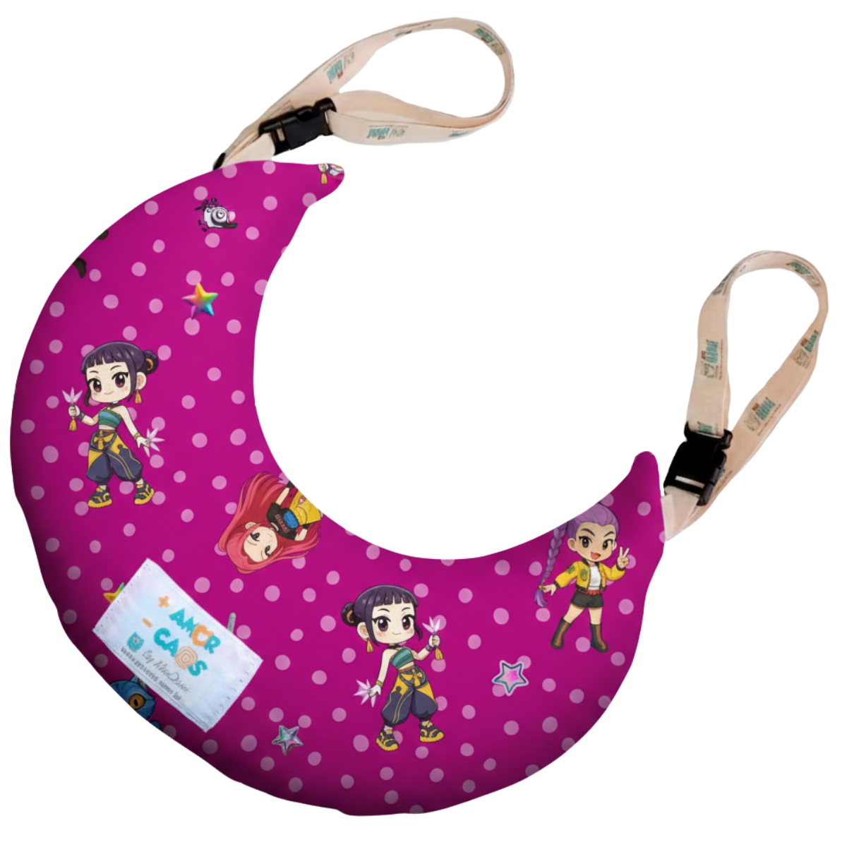 Travesseiro de pescoço infantil para viagem Nanadini com estampa de guerreiras do k-pop rosa, suporte anatômico com patente aprovada MiniDini.