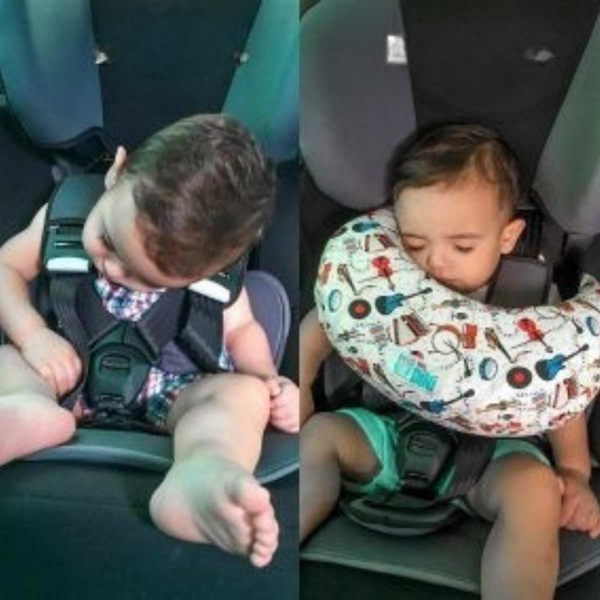 Comparativo antes e depois da almofada Nanadini — à esquerda bebê com cabeça caída para frente na cadeirinha, à direita bebê dormindo confortavelmente apoiado na Nanadini estampa instrumentos musicais