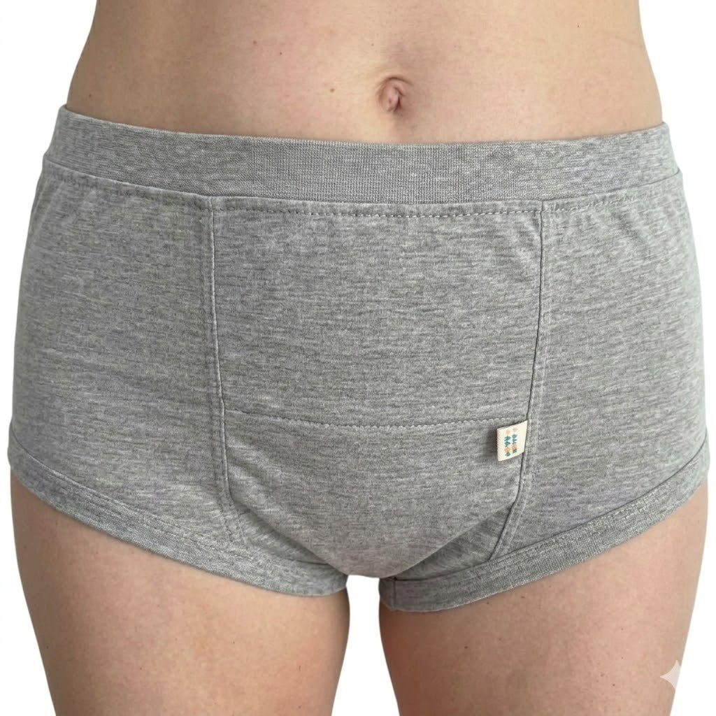 Roupa íntima absorvente adulta unissex MiniDini na cor cinza, modelo lavável e discreto que se assemelha a uma cueca ou calcinha comum