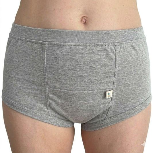 Roupa íntima absorvente adulta unissex MiniDini na cor cinza, modelo lavável e discreto que se assemelha a uma cueca ou calcinha comum