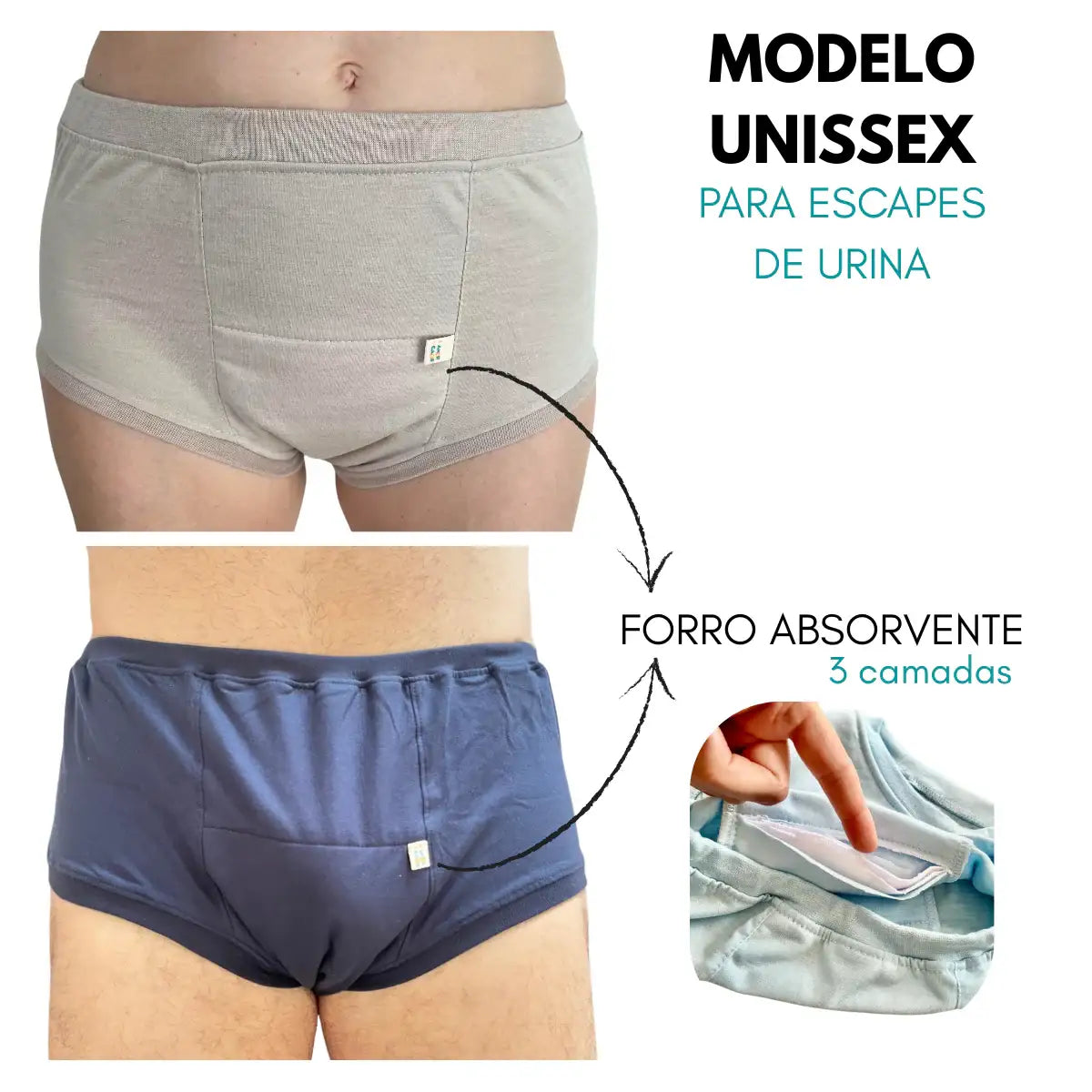 Vista interna do forro triplo da roupa íntima lavável MiniDini, mostrando a zona de proteção para até 50ml de escapes leves.