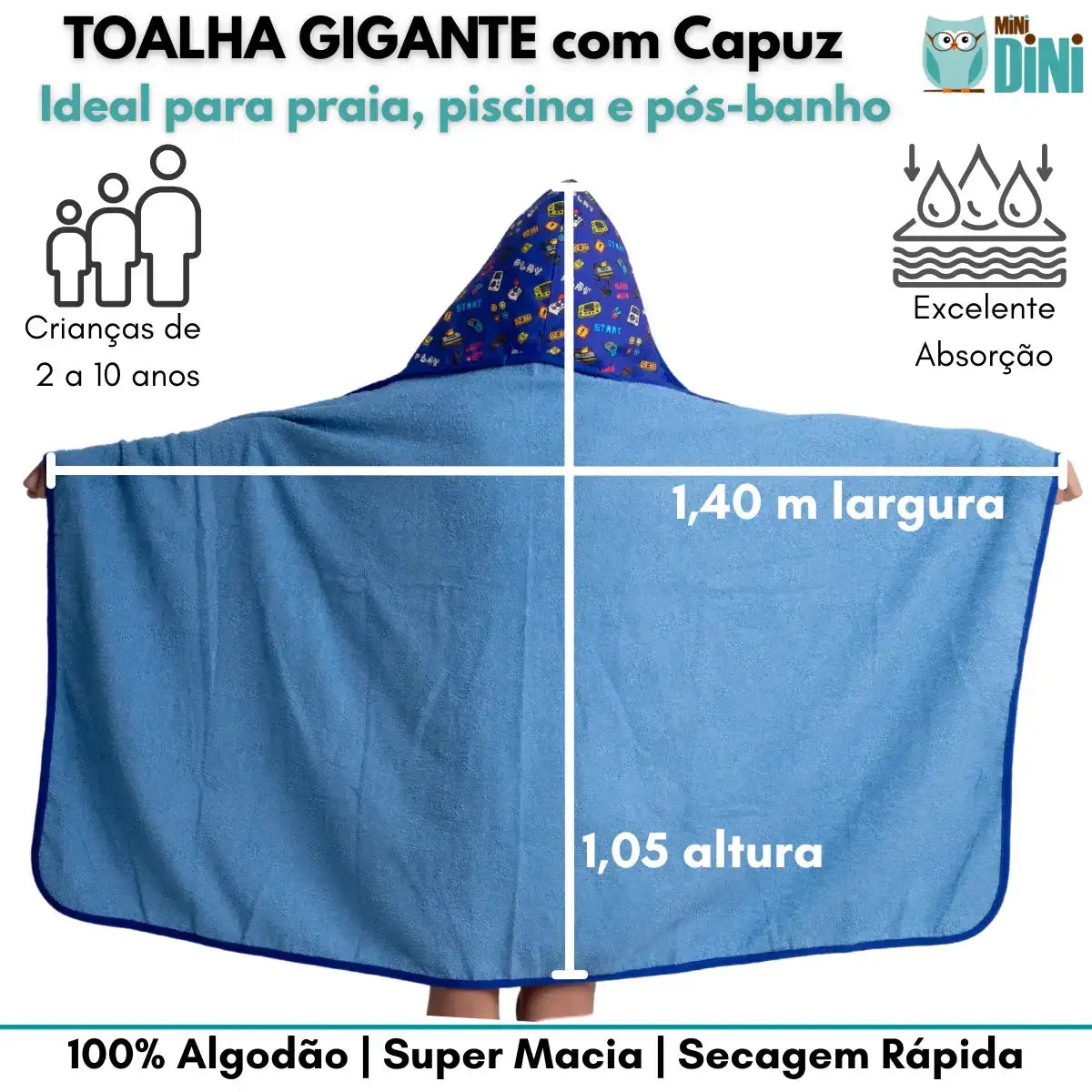 Secadini Kids — Toalha Infantil com Capuz Grande e Confortável