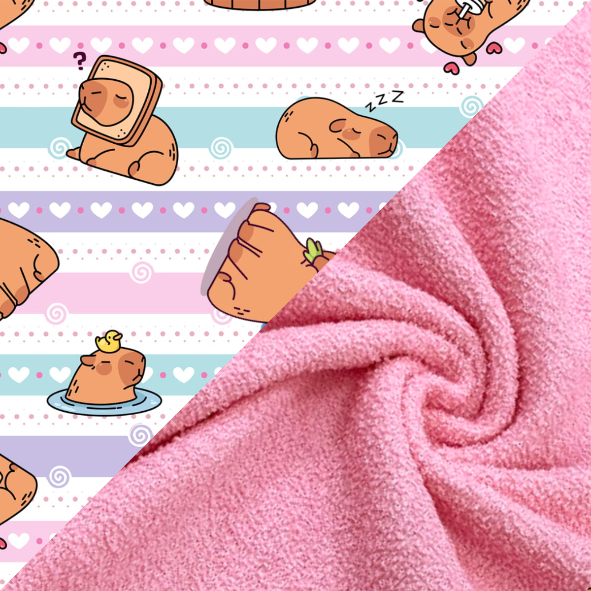 Detalhe da estampa de capivara e textura do tecido atoalhado premium rosa da toalha infantil Secadini Kids MiniDini.
