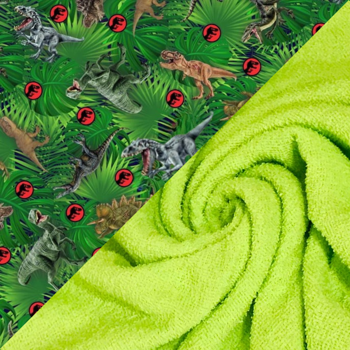 Detalhe da estampa de dinossauros e textura do tecido atoalhado premium verde claro da toalha infantil Secadini Kids MiniDini.