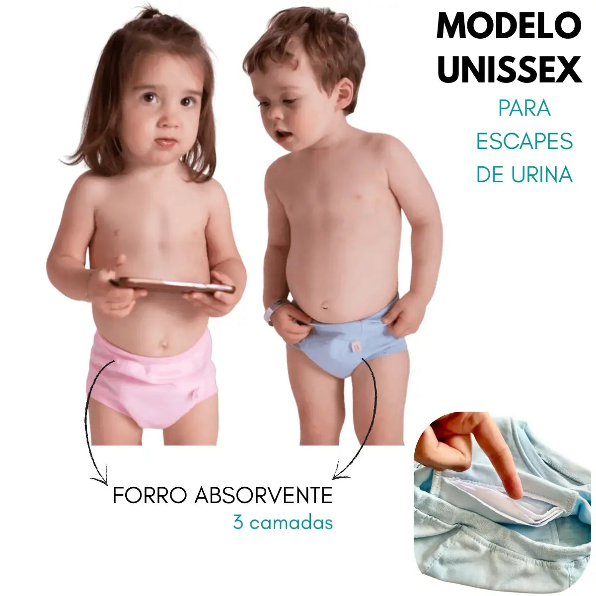 Treinadini calcinha e cueca de desfralde absorvente infantil — vista interna mostrando forro triplo