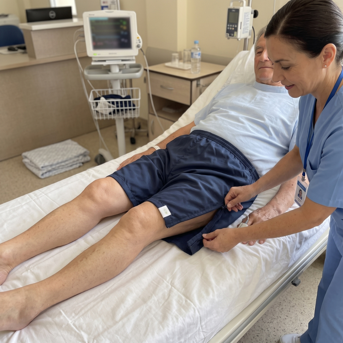 Cuidadora auxiliando um homem deitado em cama clínica, mostrando a praticidade da bermuda adaptada para troca de fraldas e higiene.