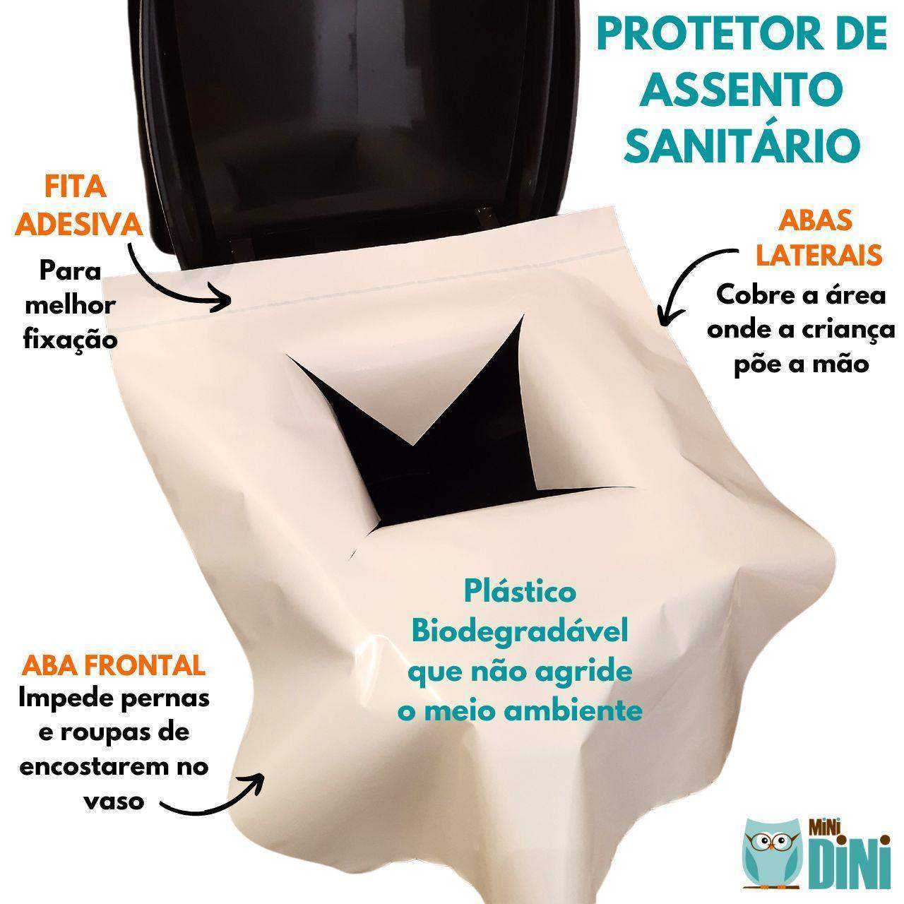 Protetor de assento sanitário extra grande Protegidini cobrindo totalmente as laterais e a frente de um vaso sanitário, demonstrando a barreira impermeável, fita adesiva e abas laterais