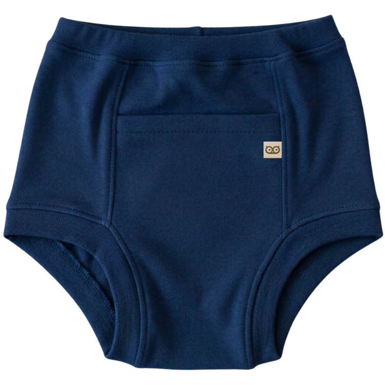 Roupa íntima absorvente adulta unissex na cor azul, com caimento discreto e confortável como uma cueca ou calcinha comum.