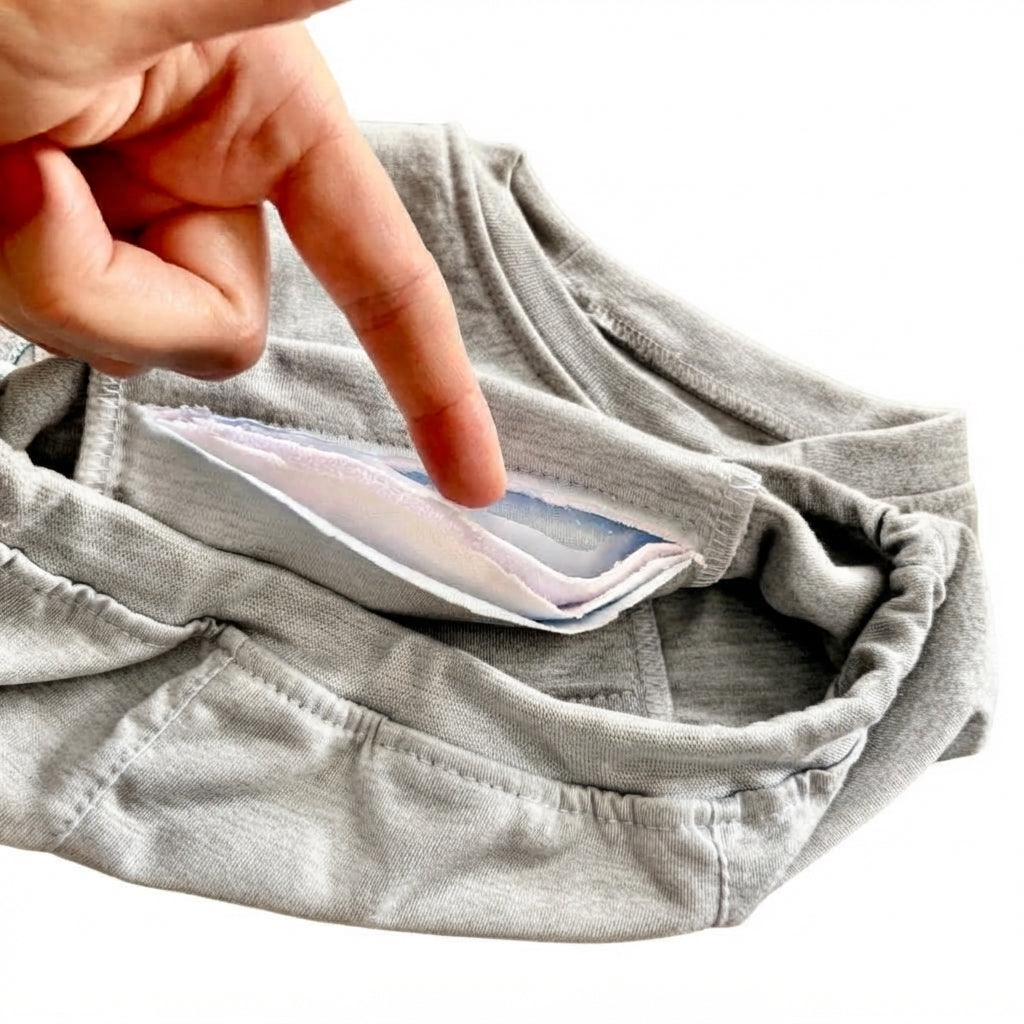 Detalhe das camadas internas da roupa íntima absorvente juvenil Minidini — forro triplo com toque seco atoalhado, barreira impermeável de TPU e corpo em algodão hipoalergênico que absorve até 50ml sem passar para a roupa de fora