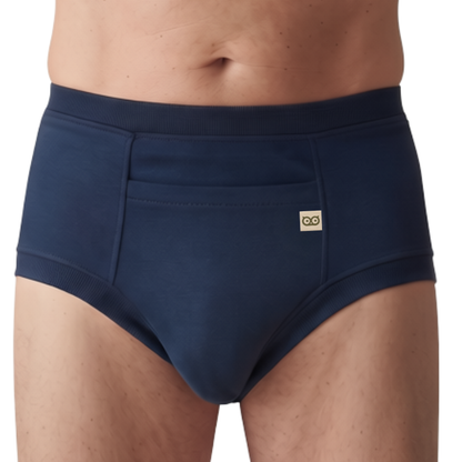 Roupa íntima absorvente adulta unissex na cor azul, com caimento discreto e confortável como uma cueca ou calcinha comum.