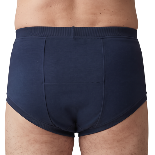 Roupa íntima absorvente adulta unissex na cor azul, com caimento discreto e confortável como uma cueca ou calcinha comum, vista de costas