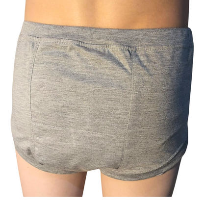 Vista traseira da roupa íntima absorvente adulta unissex Minidini na cor cinza — caimento discreto e confortável como roupa íntima comum, sem volume ou barulho