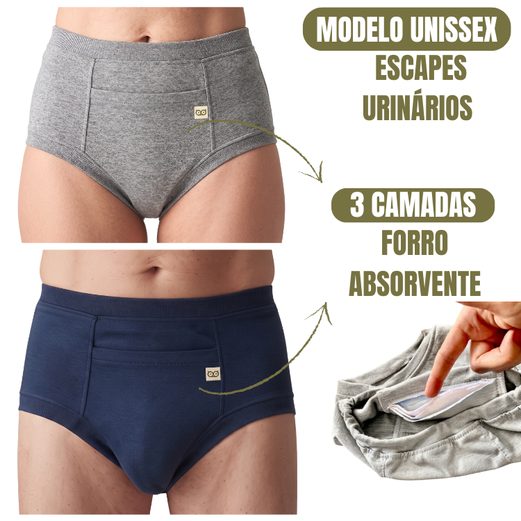 Vista interna do forro triplo da roupa íntima lavável, mostrando a zona de proteção para até 50ml de escapes leves.